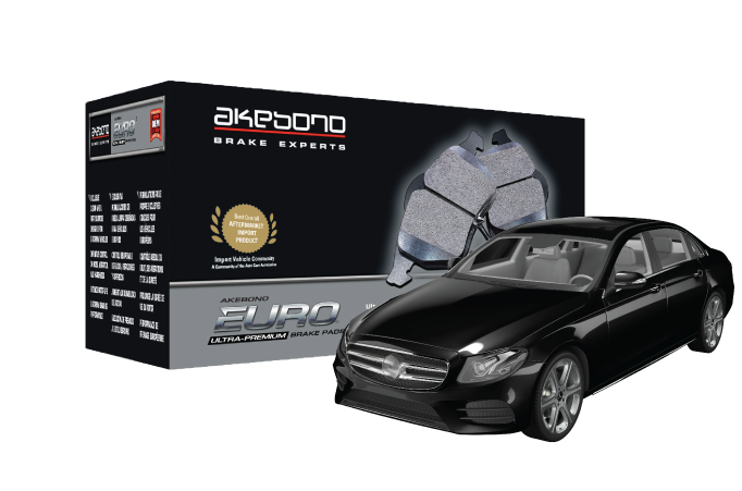 A box of Industry-Leading Replacement Brake Pads for European Vehicles with a black car in front